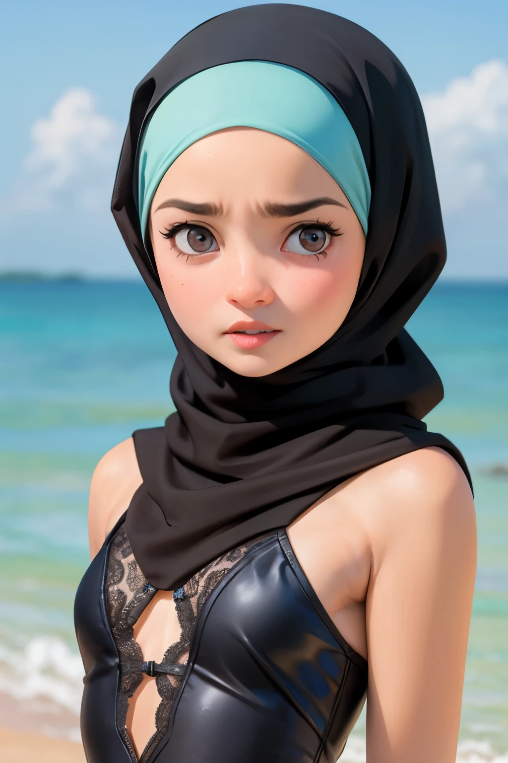 ((Cute pussy)), Chubby, ((Flat Chest)), Naked, Angry pose, Angry face, (((HIJAB MALAY GIRL))), masutepiece, High quality, UHD 45K, Realistic face, Realistic skin feeling , A Malaysia Lady, 51 years old, , Very cute and baby-like face, (((FLAT CHEST))), (MATRIX WORLD), ((look In front at the camera and SADNESS)), ((())), (((CUTE GIRL))), ((BLUE PASTEL LIPS)), ((BLUE PASTEL LACE)), ((CHUBBY)), ((UNDRESS)). Brown, Flat Chest, Nudity on Cherating beach