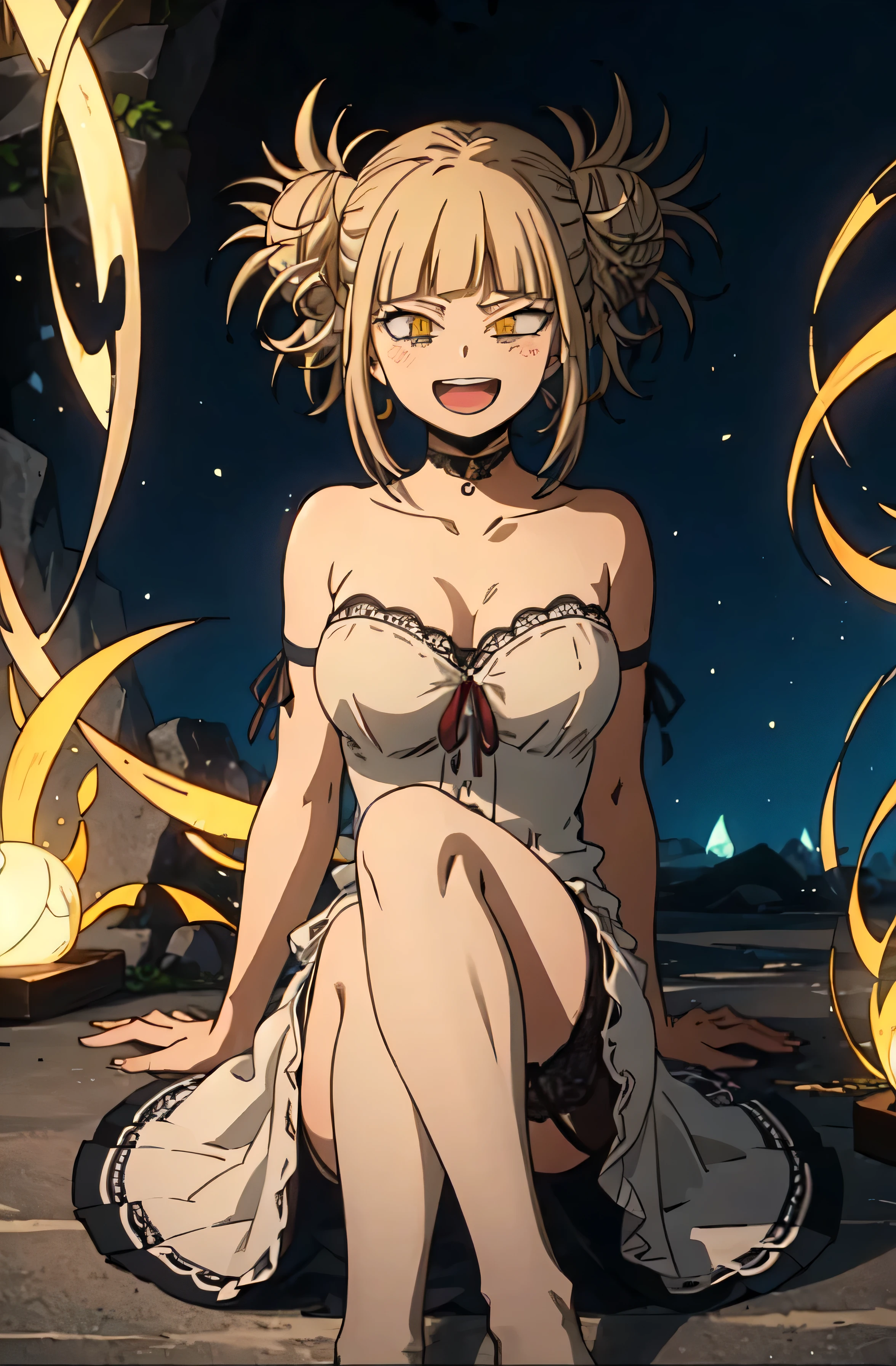 himikotoganova, (1girl, solo), (perfect eyes), simple background ,black hair, double bun, messy hair, bangs, big breasts, yellow eyes, bags under eyes, smile, open mouth, (diaphanous gown, thighs, lace stockings ), looking at viewer, choker, sitting on plushie, ebarrassed, 