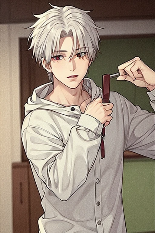 A young white haired handsome man with red eyes in a magic uniform is waving a chain wand