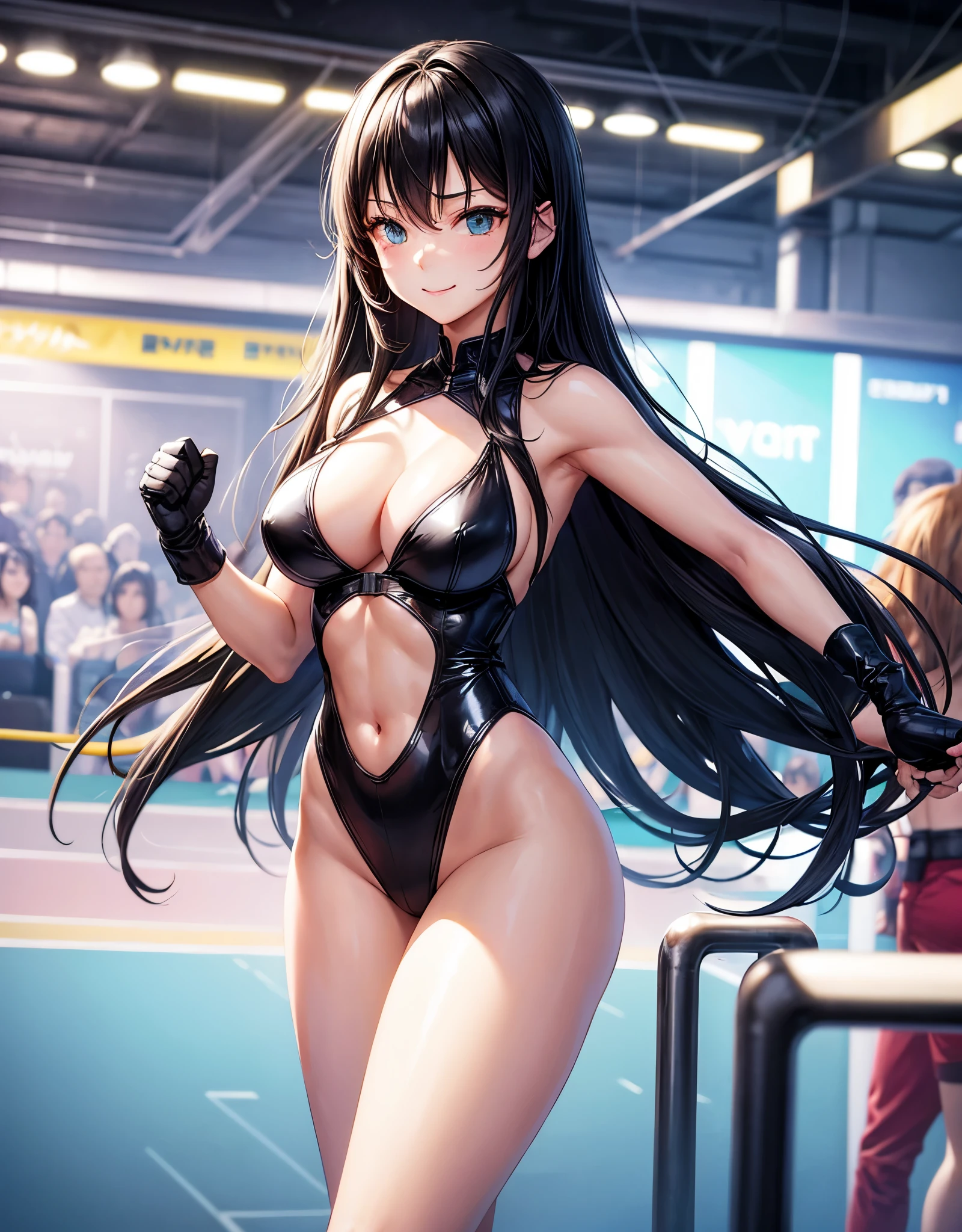 beautiful girl、Fighter、Black Hair、long hair、Big Breasts、sexy、Sexy、A gentle smile、Green leotard、High leg、Wristband、Gloves、Long shoes、canvaat、On the Ring、Match in the ring、venue、Are standing、The whole body is visible、Abdominal muscles、Fighting Pose、one person