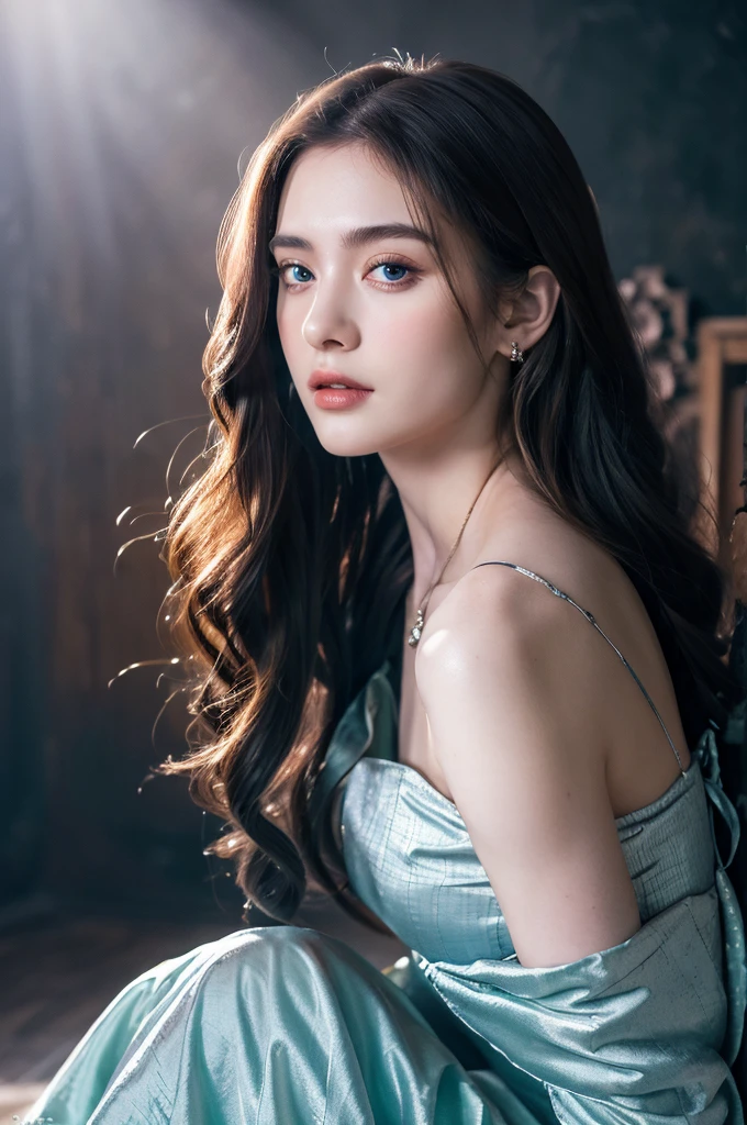 ( masterpiece, top quality, best quality,8k,17 years old girl,ultra detailed,raw photo:1.5),(photorealistic:1.4),(cinematic lighting), PerfectNwsjMajic, , Surrealism, UHD, ccurate, Super detail, textured skin, High detail, Best quality, dynamic angle, (high nose,White skin),[Beautiful blue eyes],[flat chest:large breasts:0.5],(1girl),(good anatomy:0.5)), of a woman in a dress with a sword, a beautiful fantasy empress, ((a beautiful fantasy empress)), beautiful fantasy maiden
