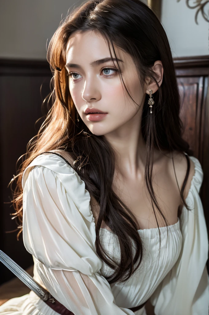 ( masterpiece, top quality, best quality,8k, girl,ultra detailed,raw photo:1.5),(photorealistic:1.4),(cinematic lighting), PerfectNwsjMajic, , Surrealism, UHD, ccurate, Super detail, textured skin, High detail, Best quality, dynamic angle, (high nose,White skin),[Beautiful blue eyes],[flat chest:large breasts:0.5],(1girl),(good anatomy:0.5)),a woman in a dress with a sword, a beautiful fantasy empress, ((a beautiful fantasy empress)), beautiful fantasy maiden