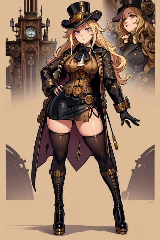 female, blonde long hair, pink eyes, (((1girl))), (((black steampunk coat))), (white shirt), (black gloves), (gold vest), (black knee length skirt), (brown tights), (black knee high steampunk boots), cute and sexy, large breasts, large butt, full body, long legs