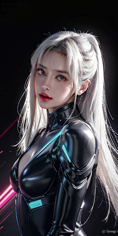 Realistic 8k.Picture only of the upper part,high resolution, Bright glare,1 woman, alone, hips up, half body,(detailed face), white hair long hair, Mecha Musume, mechanical parts, robot joint, single mechanical arm, Mechanical radius, Bikini body suit with many neon lights,A white bodysuit has several neon bulbs.,Body armor chest set with 4 large electric bulbs.,With colorful lights There was a bright purple light.(Very bright)Colorful beams of light shoot from the armor.,Light radiated from the armor.,,  city at night