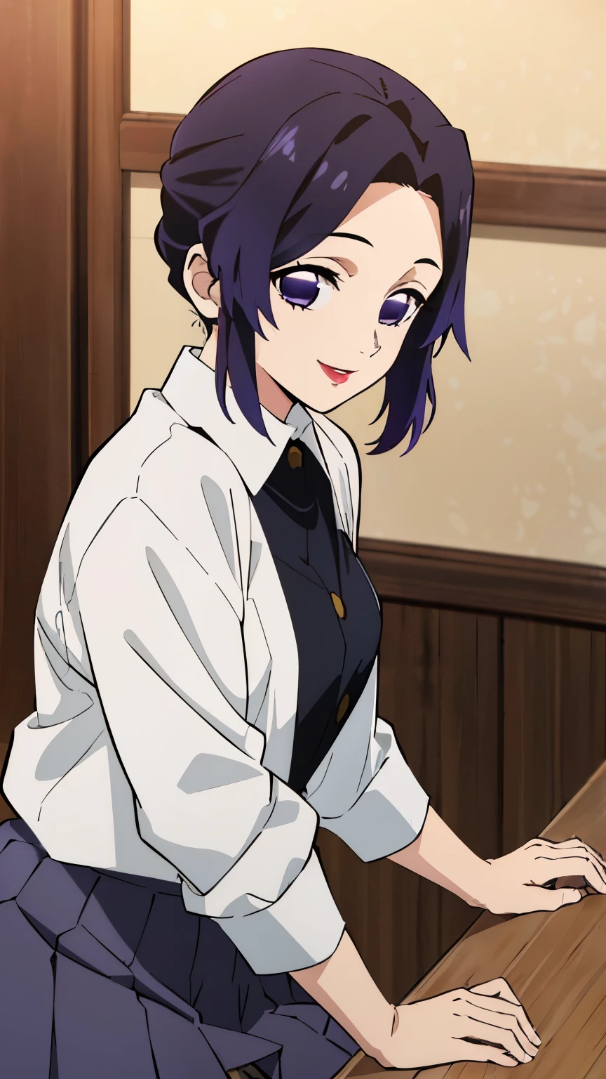 (Top Quality, 8K, High Resolution, Masterpiece: 1.2), Anime Art Style, Shinobu Kocho, 1 Girl, Perfect Face, Perfect Eyes, Soft Expression, Medium Breasts, Purple Hair, Natural Lips, Short Hair, Pretty Parted bangs, purple eyes, narrow eyes, large butterfly hair clip, ((white shirt, red jacket, collared shirt, pleated skirt, gray skirt, pantyhose, black pantyhose, indoors, smile, upper body)), viewer appreciation,