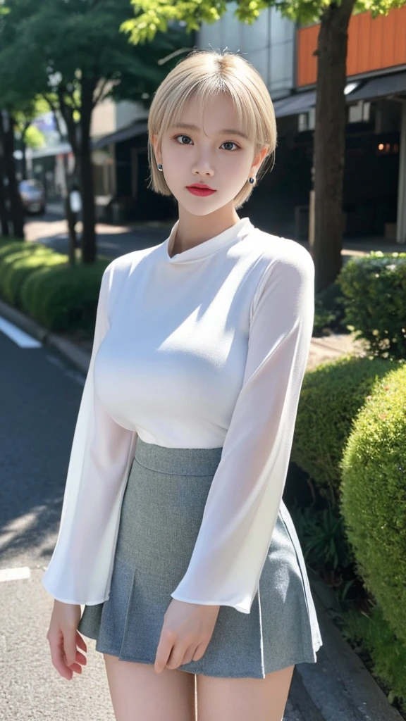 (最high quality), high quality, 非常にHigh resolution, (Super detailed), 8k, (Ultra-realistic),Ray Tracing, cyber punk, ((masterpiece)), shape, Photorealistic, wonderful, finely, Very detailed, High resolution, Very detailed, unity 8k wallpaper, Full body shot of a beautiful young woman with Korean-style features resembling a popular actress, Bell Sleeve Blouse, skirt, Knee-high, White sneakers, Very small breasts, thin, She has pink and bluish eyeshadow, bangs, blonde, short hair, head, and arms. Standing and looking at me, Tokyo, Narrow Road, Ray Tracingとボリューメトリックライティングを使用. Narrow eyes, 細長い目のshape, Three white eyes, Confident expression, Evil look, Very slender and beautiful legs, Beautiful and thin thighs, Earrings,