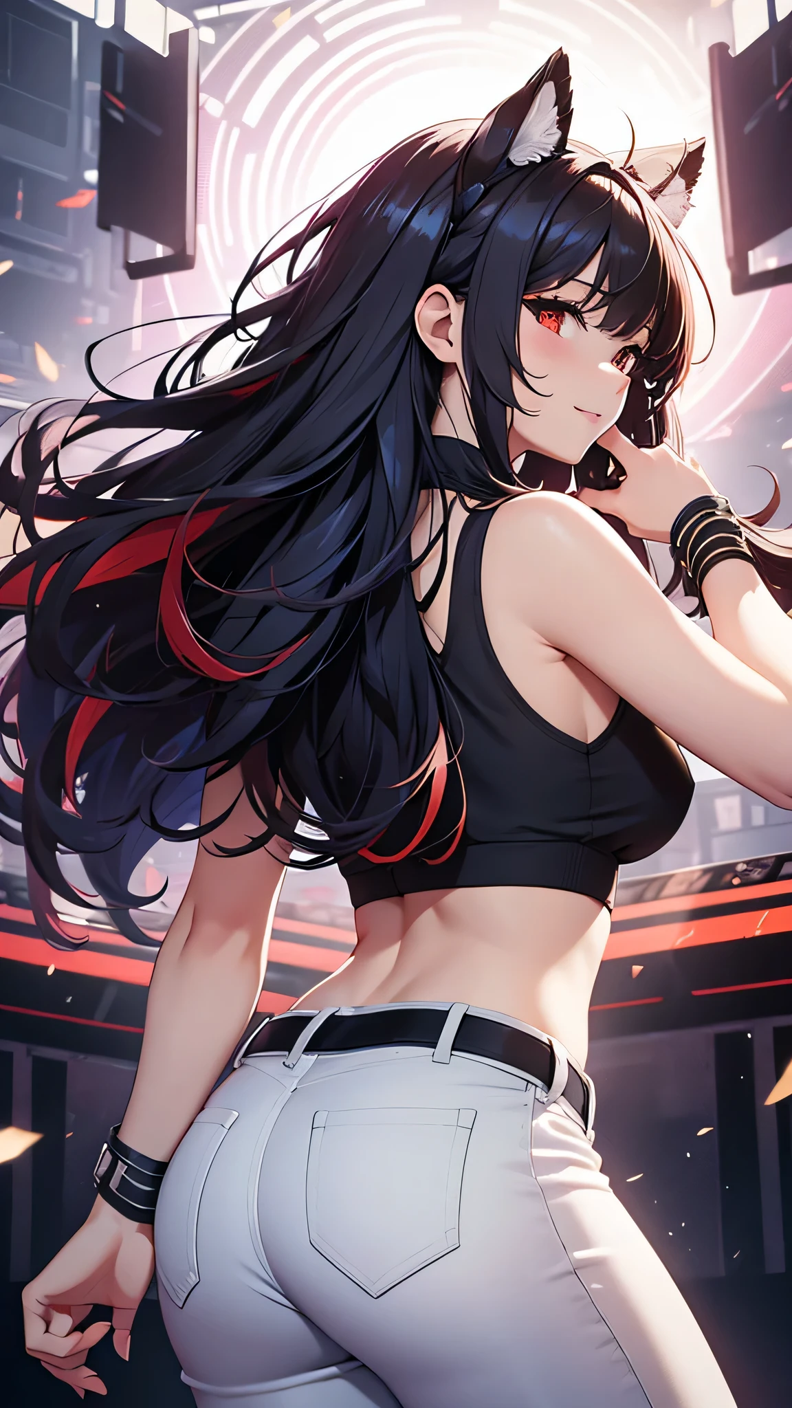 最high quality、Best image quality、masterpiece、girl((20-year-old、 By becoming、Best Bust、Medium Bust,Wide open breast tea、red glowing eyes, Black and red hair、Disheveled Hair、Long Hair、thin,The highest valley、White tank top、Red pants、Open chest、White wristband、smile、Leaning forward、hair ornaments、Angle from behind、Lointail、Looking at smartphone、Movement to go up the stage)),high quality、Beautiful art、background((stage))、Flight、Flying debris、Written boundary depth、movie、Visual Arts、Perfect art、8K,Genuine、