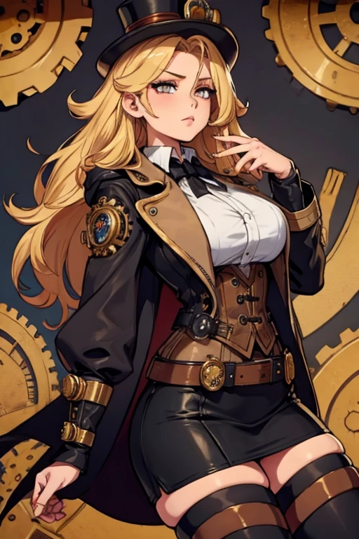 female, blonde long hair, pink eyes, (((1girl))), (((black steampunk coat))), (white shirt), (black gloves), (gold vest), (black knee length skirt), (brown tights), (black knee high steampunk boots), cute and sexy, large breasts, large butt, full body, long legs