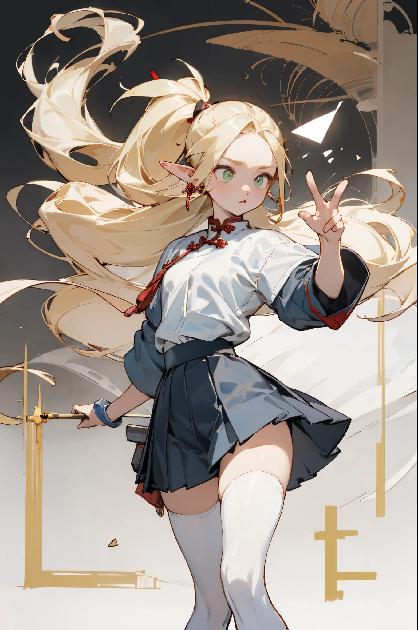 (masterpiece, best quality) detailed,, silver accessories , Blonde ,elegant, Pointed ears ,Chinese element pattern,Exposing thighs,White shirt,White pleated skirt,torn clothes,