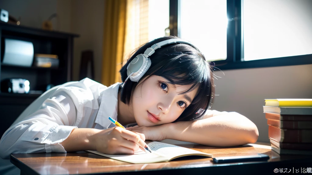 A cute Japanese girl studying or working at her desk、night、Real、focusing、Gentle feeling、wearing headphones、Side view、There's a kitten nearby、I'm studying hard、cat is watching、窓の外にnightの街、(masterpiece:1.3), (8k, Photorealistic, Raw photo, Best image quality: 1.4), Japanese, (One Girl), Beautiful Face, (A vivid face), (Black-haired, short hair:1.3), Beautiful hairstyle, Realistic eyes, Beautiful details in the eyes, (real skin), Beautiful skins, attractive, 超A high resolution, Surreal, Attention to detail,