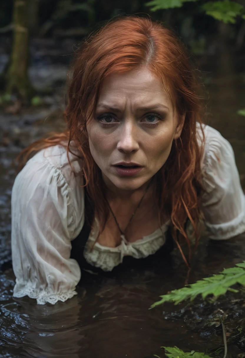 Hyper-realistic, ultradetailed, Raw, masterpiece. (a closeup portrait). A night in a dark forest. 40-years-old woman is depraved drowning in a quicksand sticky cement bog. The swamp sexually devours her body. ((on face: fright, perplexity)). skirt, stockings with garters, (blouse), shortness of breath, shameful, loses control of himself, ((Trapped in lust, worn out, defenseless)), Copper-red hair, sweat, hard breath