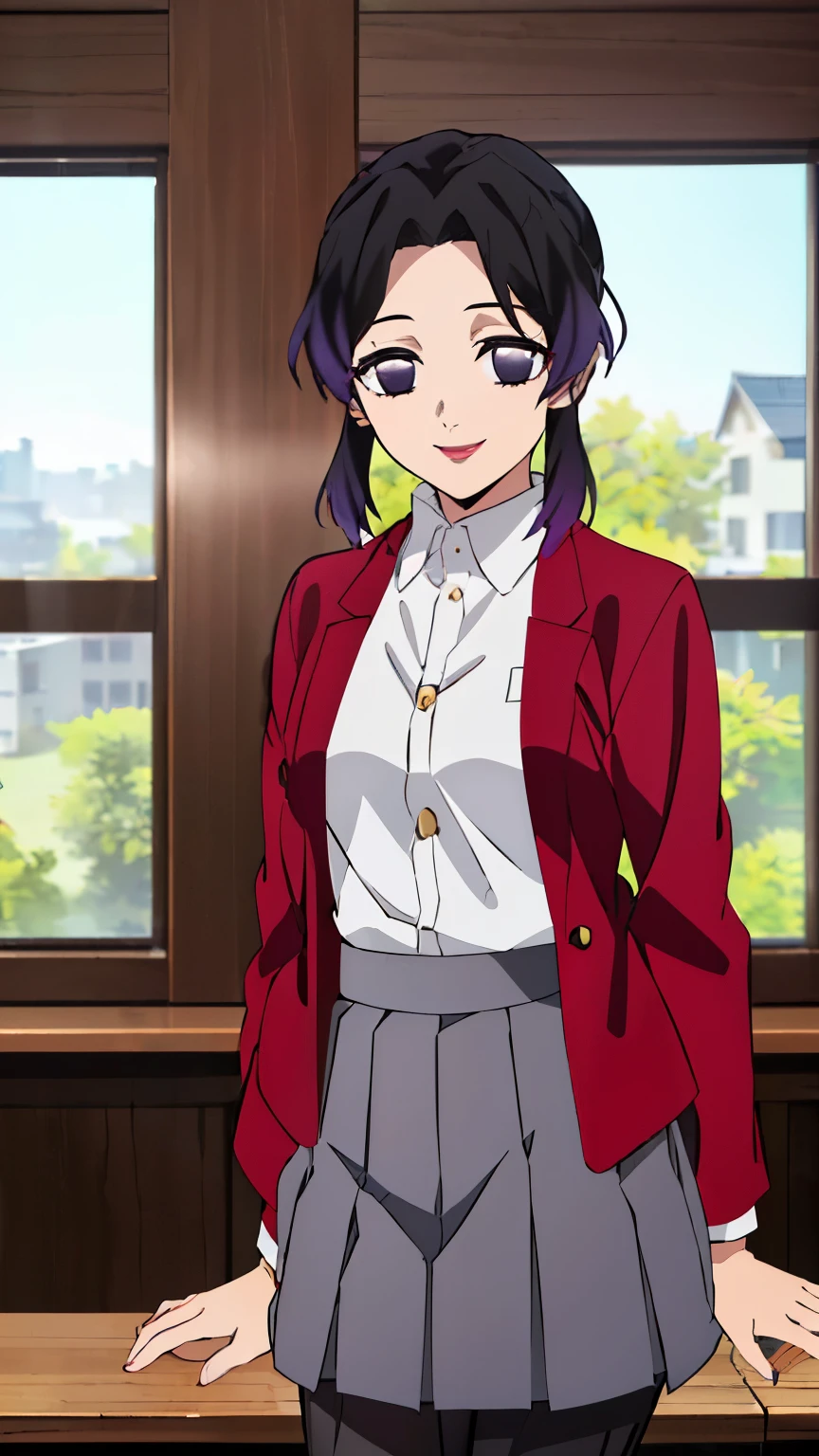 (Top Quality, 8K, High Resolution, Masterpiece: 1.2), Anime Art Style, Shinobu Kocho, 1 Girl, Perfect Face, Perfect Eyes, Soft Expression, Medium Breasts, Purple Hair, Natural Lips, Short Hair, Pretty Parted bangs, purple eyes, narrow eyes, large butterfly hair clip, (( red blazer, white shirt, collared shirt, pleated skirt, gray skirt, pantyhose, black pantyhose, indoors, smile, upper body:1.4)), viewer appreciation,