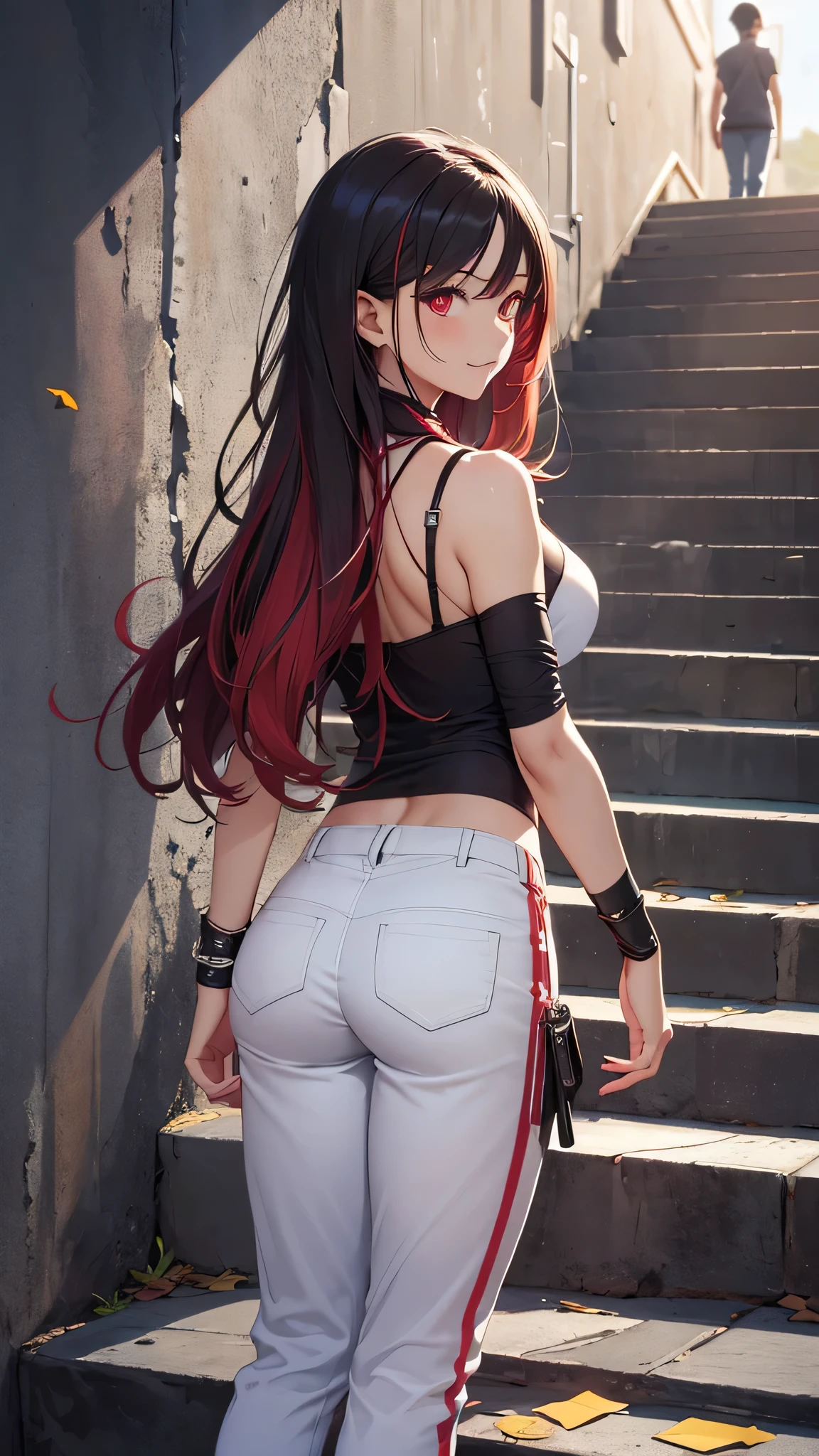最high quality、Best image quality、masterpiece、girl((20-year-old、 By becoming、Best Bust、Medium Bust,Wide open breast tea、red glowing eyes, Black and red hair、Disheveled Hair、Long Hair、thin,The highest valley、White tank top、Red pants、Open chest、White wristband、smile、Leaning forward、hair ornaments、Angle from behind、Lointail、Looking at smartphone、The action of climbing stairs)),high quality、Beautiful art、background((Black Wall))、Flight、Flying debris、Written boundary depth、movie、Visual Arts、Perfect art、8K,Genuine、