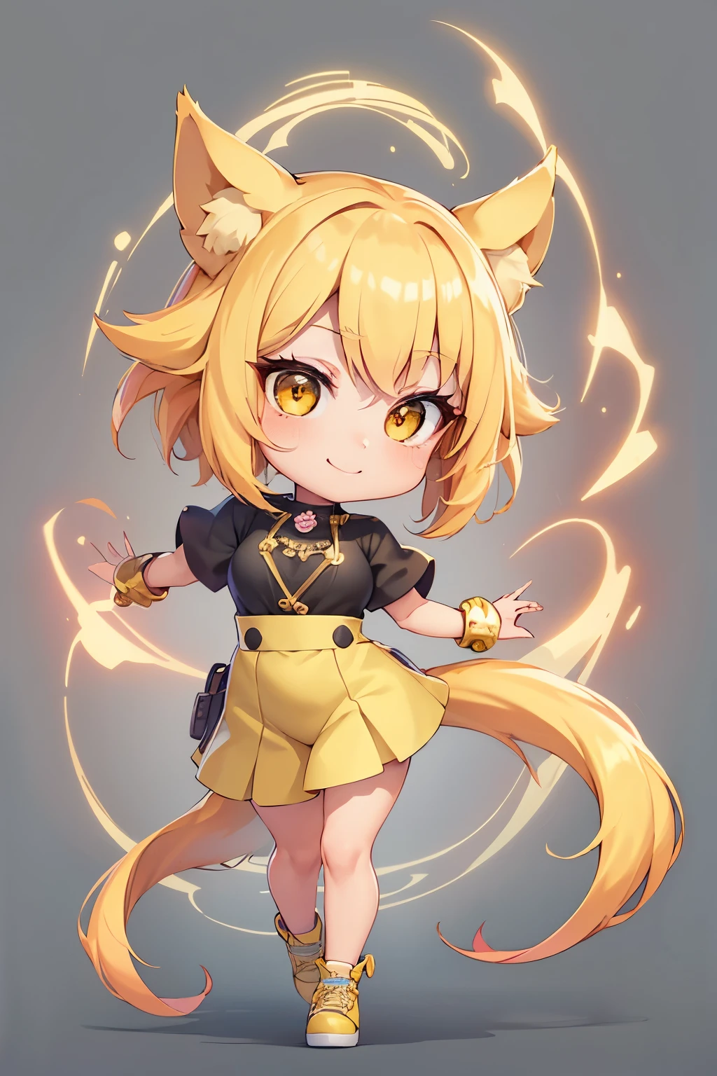 girl, full body, cartoon style, chibi style, cute, dog tail, dog ear, beautiful face, smile, yellow color eye, beautiful eye, high detailed pupil, double eyeylid, high detailed skin, high quality skin, yellow color hair, white clothes, masterpiece,