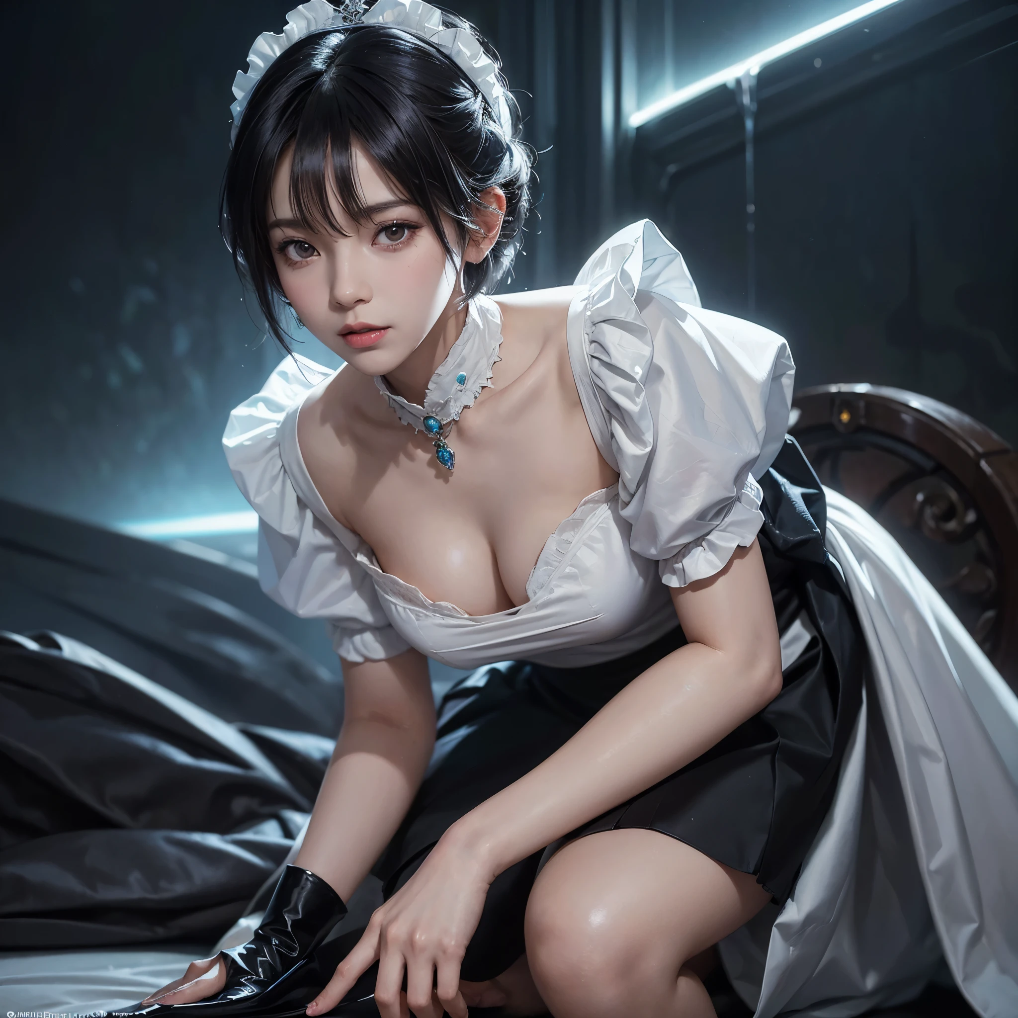 (1 Girl Solo, 1 Sexy Woman, Princess Maid, Black Hair, Short Hair, Fluffy Bub Cut, Maid Uniform:1.4), (leaning forward:1.3), (crawling position on their hands and knees, Cowboy shot:1.3), ((anatomically correct)), (Futuristic Portrait), (Extreme-Close-Up:1.2), Rim Lighting, Cinematic Light, (On The Bed, depth of field), no futuro telhado de luz neon, SSCI - FI e Fantasia, intrincado e muito bonito e elegante, altamente detalhado, pintura digital, art-station, arte conceitual, smooth and sharp focus, illustration, Arte de Tan Zi e Ayanamikodon e Alphonse Mucha e Wlop