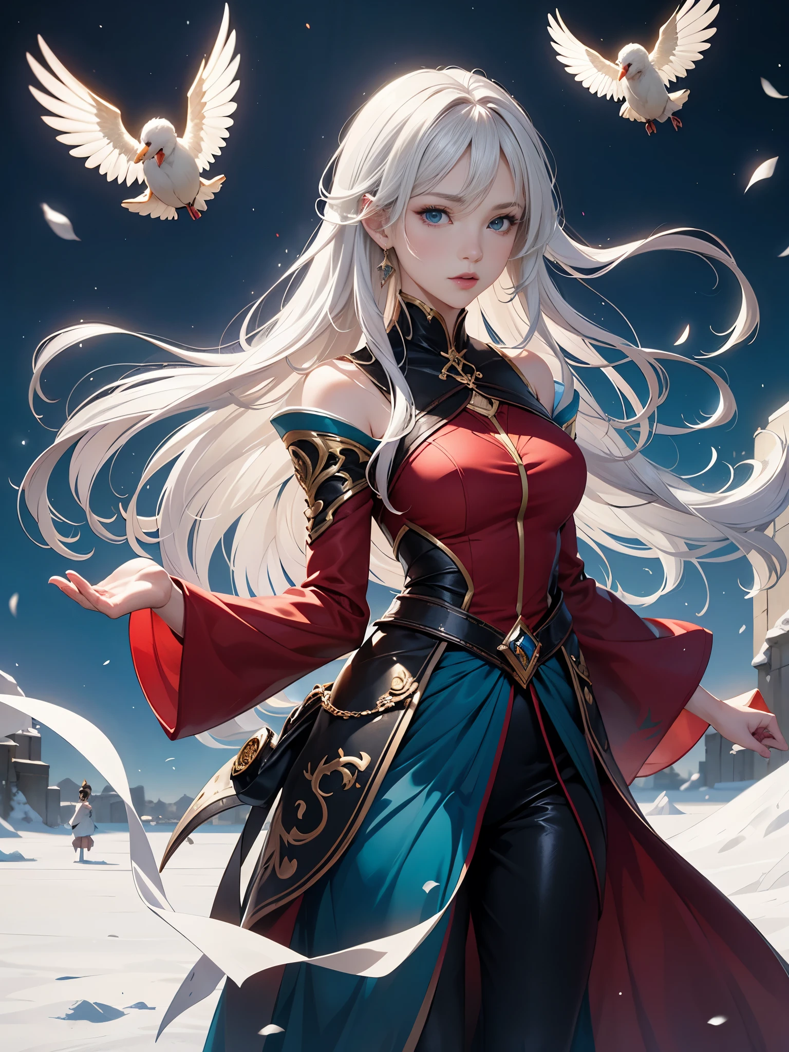 Anime girl with long white hair and blue skirt in the snow, White-haired god, White hair floating in the air, Snowflakes flying all over the sky, Anime fantasy illustration, Flowing white hair, Beautiful youthful spirit, Beautiful fantasy anime, Glowing flowing hair, Ethereal Anime, Beautiful anime artwork, Beautiful digital artwork, Anime Fantasy Artwork, ((beautiful fantasy queen)), 2. 5 d cgi Anime Fantasy Artwork