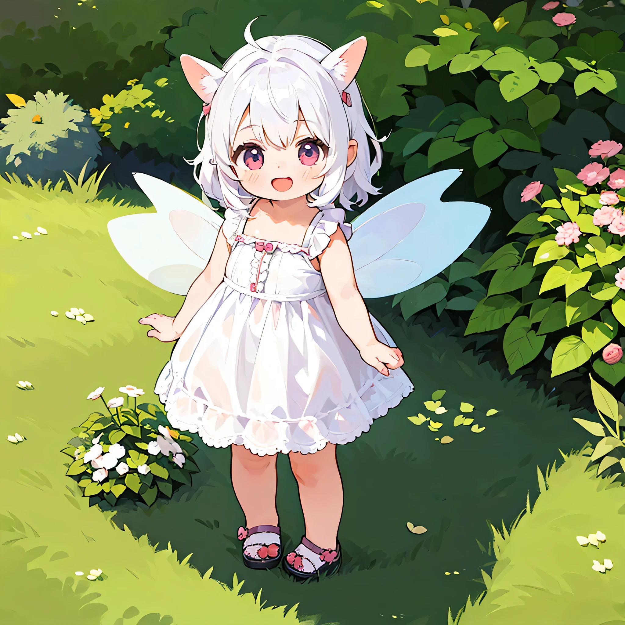 (toddler girl:1.5),chibi,long white hair,fairy,fairy wings,standing,laughing