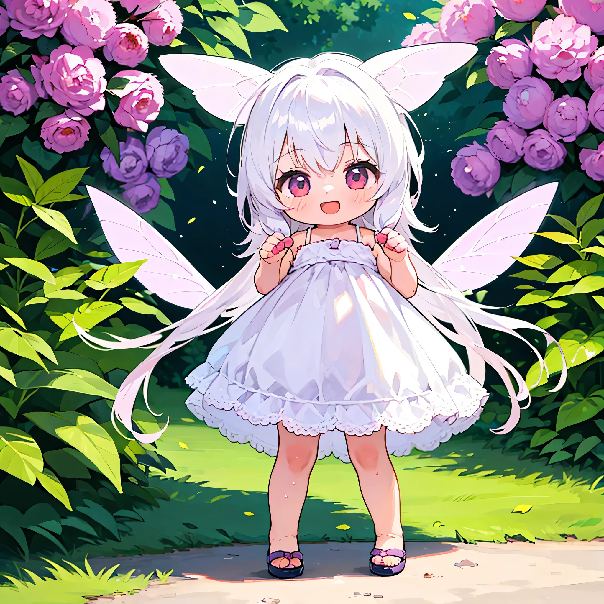 (pregnant toddler girl:1.5),chibi,long white hair,fairy,fairy wings,standing,laughing