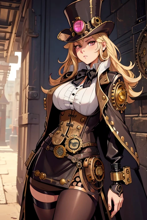 female, blonde long hair, pink eyes, (((1girl))), (((black steampunk coat))), (white shirt), (black gloves), (gold vest), (black knee length skirt), (brown tights), (black knee high steampunk boots), cute and sexy, large breasts, large butt, full body, long legs