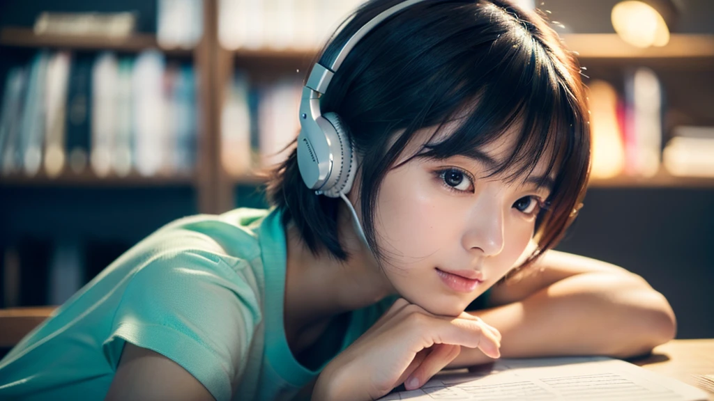 A cute Japanese girl studying or working at her desk、night、Real、focusing、Gentle feeling、wearing headphones、Side view、There's a kitten nearby、I'm studying hard、cat is watching、窓の外にnightの街、(masterpiece:1.3), (8k, Photorealistic, Raw photo, Best image quality: 1.4), (Black-haired, short hair:1.3), Beautiful hairstyle, Realistic eyes, (real skin), Beautiful skins, attractive, 超A high resolution, Surreal, Attention to detail,