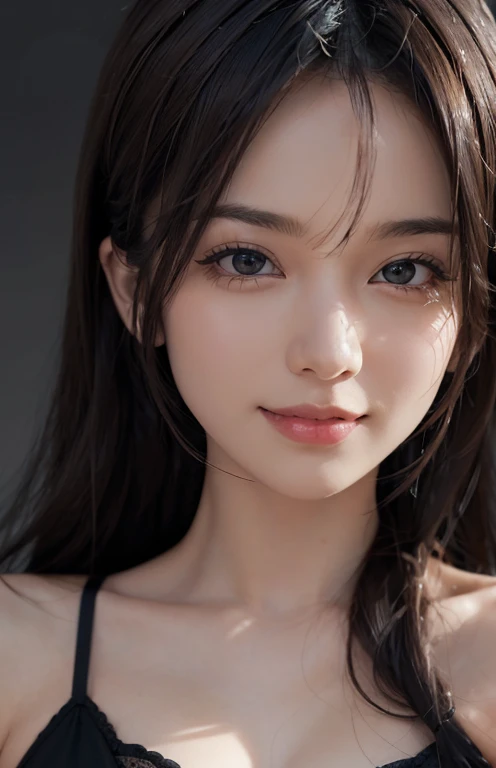 (Ultra-realistic), (shape), (Increased resolution), (8k), (Very detailed), (Best shape), (Beautiful and detailed), (highest quality), (Very detailed), (masterpiece ), ( wallpaper), (Detailed face), alone, 1 girl, View your viewers, Finer details, Detailed face, In the Dark, Deep Shadow, Moderate, Pure erotic face ace_v1, smile, Long Hair, Black shawl straight hair , 46 point diagonal bangs、Lingerie 1.5