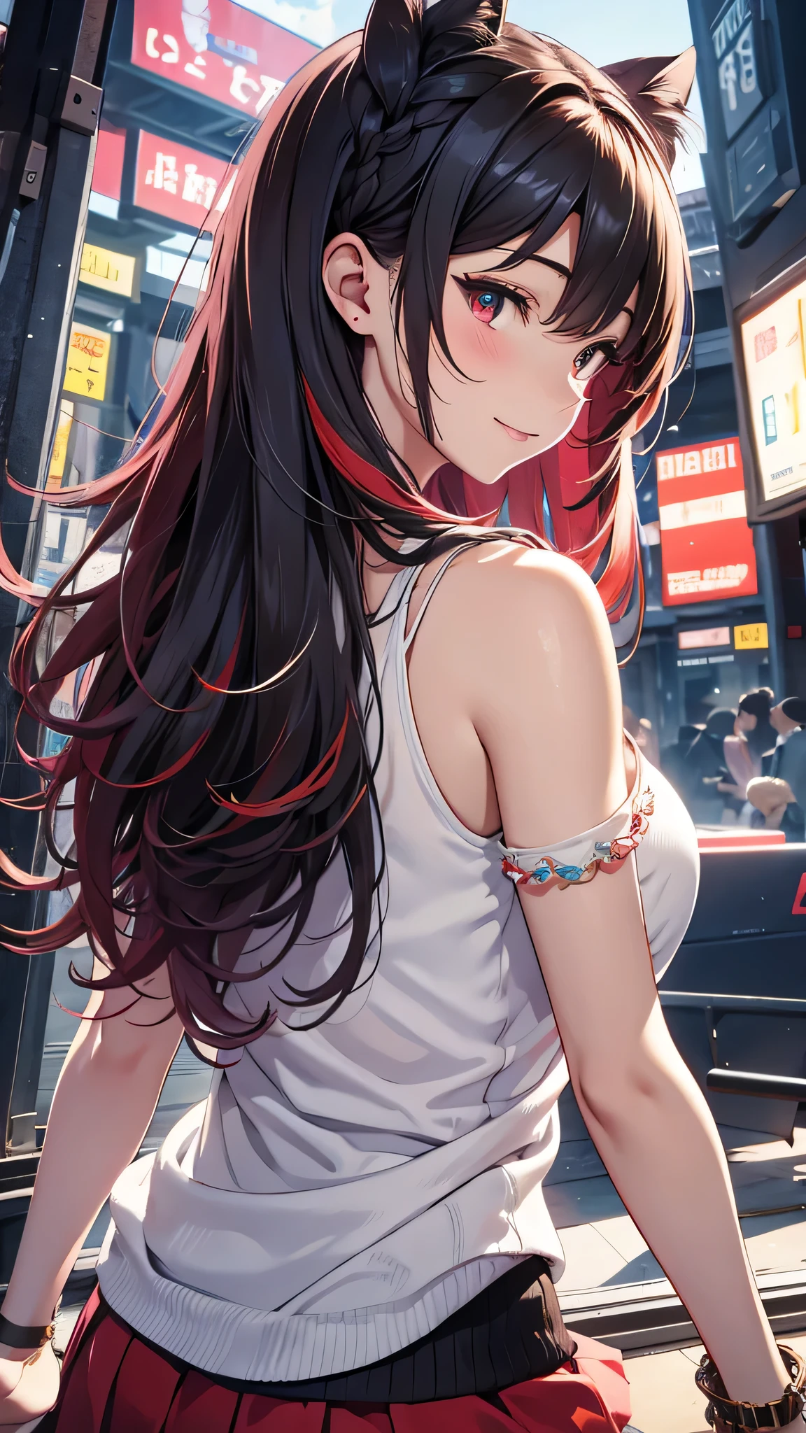 最high quality、Best image quality、masterpiece、girl((20-year-old、 By becoming、Best Bust、Medium Bust,Wide open breast tea、red glowing eyes, Black and red hair、Disheveled Hair、Long Hair、thin,The highest valley、White tank top、Red short skirt、Open chest、White wristband、smile、Leaning forward、hair ornaments、Angle from behind、Lointail、Looking at smartphone、Movement to go up the stage)),high quality、Beautiful art、background((Black Town、stage))、Flight、Flying debris、Written boundary depth、movie、Visual Arts、Perfect art、8K,Genuine、