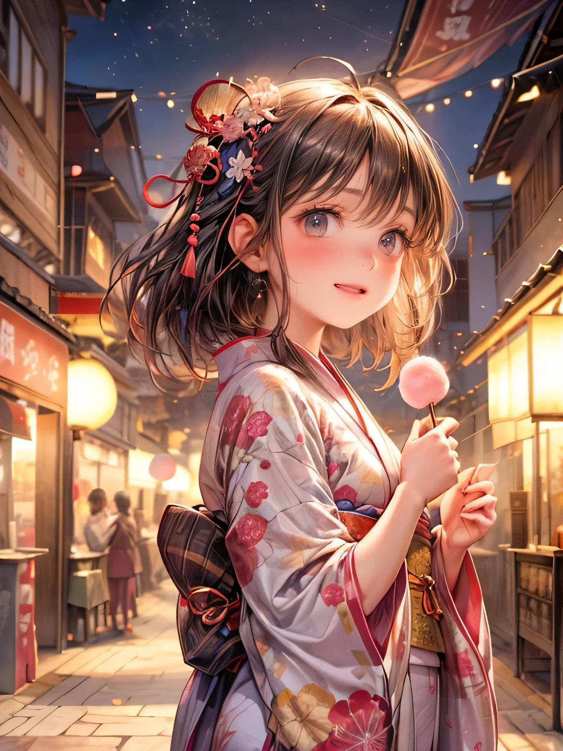 (best quality,highres,masterpiece:1.2),a girl walking on the approach to a shrine during a nighttime festival, enjoying a cotton candy held in her hand, realistic street lights create a warm and inviting atmosphere, traditional Japanese lanterns gently illuminating the path, vibrant festival decorations hanging from the trees, a sense of excitement and anticipation in the air, sakura petals softly falling in the background, the girl's eyes sparkling with joy and wonder, her colorful yukata adding to the festive ambiance, the sound of traditional music and laughter filling the air, the sweet aroma of street food wafting through the crowd, an enchanting blend of tradition and modernity, creating a magical atmosphere.