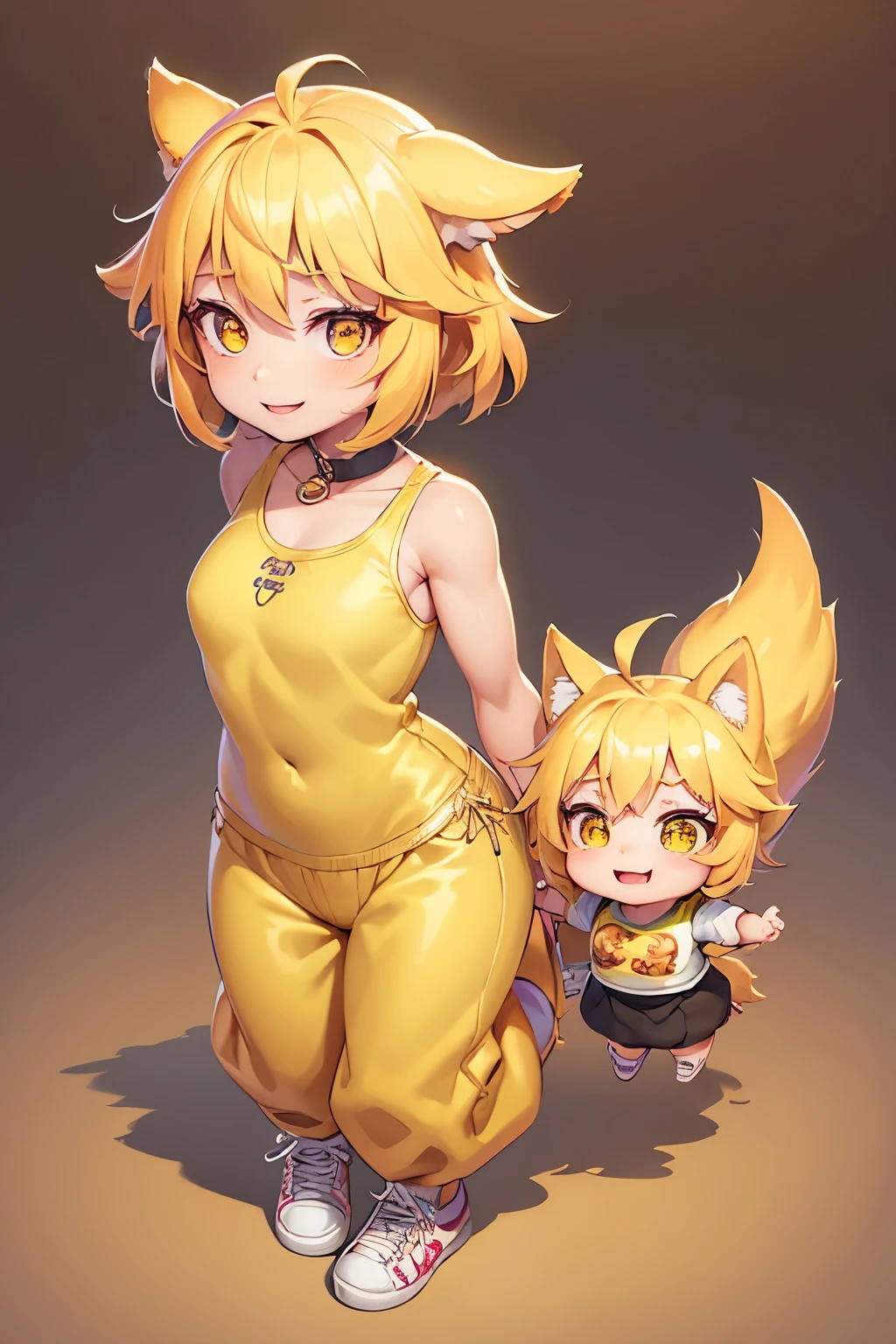 girl, full body, cartoon style, chibi style, cute, dog tail, dog ear, beautiful face, smile, yellow color eye, beautiful eye, high detailed pupil, double eyeylid, high detailed skin, high quality skin, yellow color hair, white clothes, masterpiece,