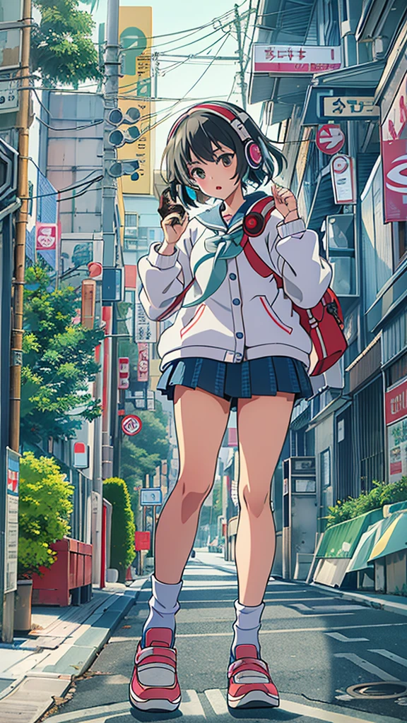 (masterpiece), (highest quality:1.4), (Ultra-high resolution:1.2),  Highly detailed background, (unity 8k wallpaper), Cute high school girl wearing headphones walking through the streets of Tokyo。Illustrations inspired by city pop culture、、Wear loose socks for a stylish and nostalgic look、Display one subject without splitting the screen