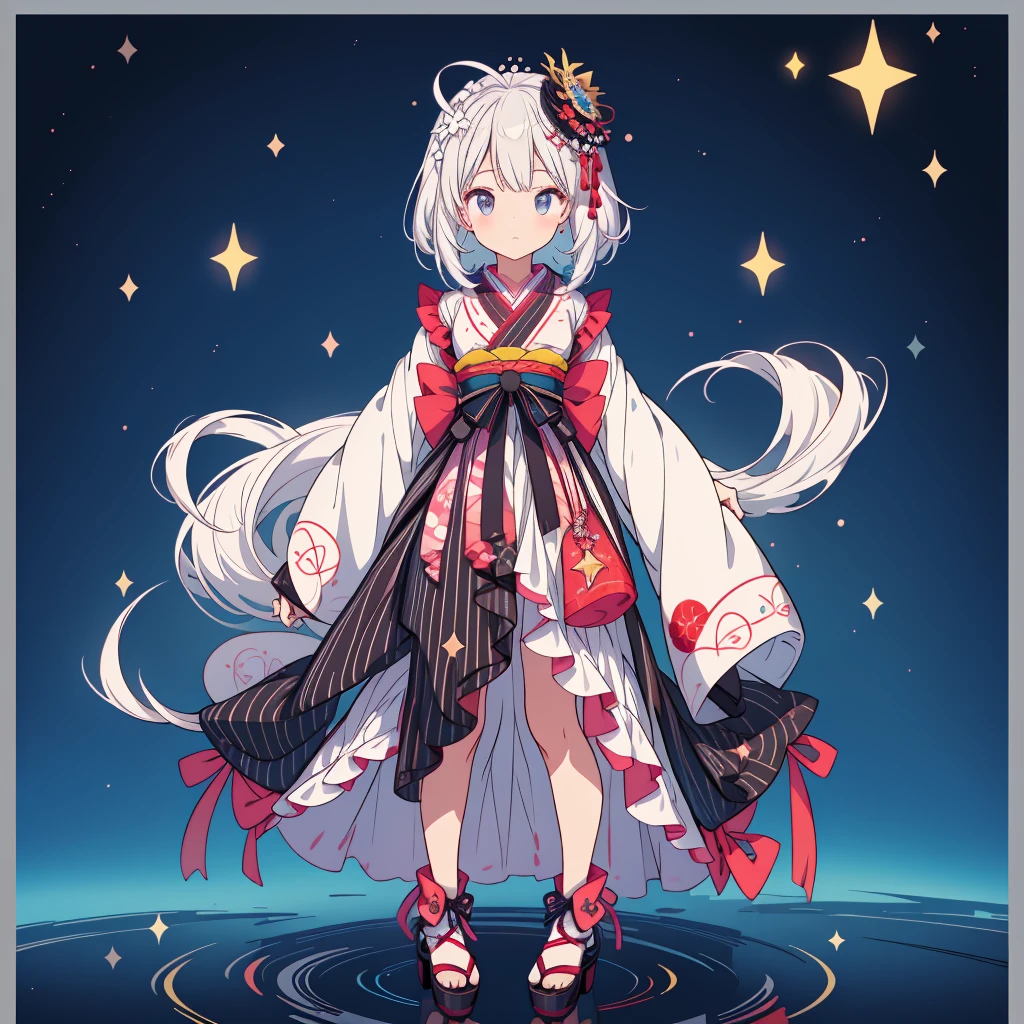 highest quality、8K,handsome face、vtuber-fullbody、A picture of the front straight towards the viewer、Star Fairy、Full body front portrait、front、1girl,highest quality、masterpiece、official art、Super detailed、super beautiful、Cute Star Fairy、white hair straight ショート、Milky Way、universe、star charm、star、baby face、Knee-high boots、Japanese pattern dress、A beautiful girl wearing black and white clothes that are a remake of a yukata.、Oiran frill dress reminiscent of universe、Colorful portraits