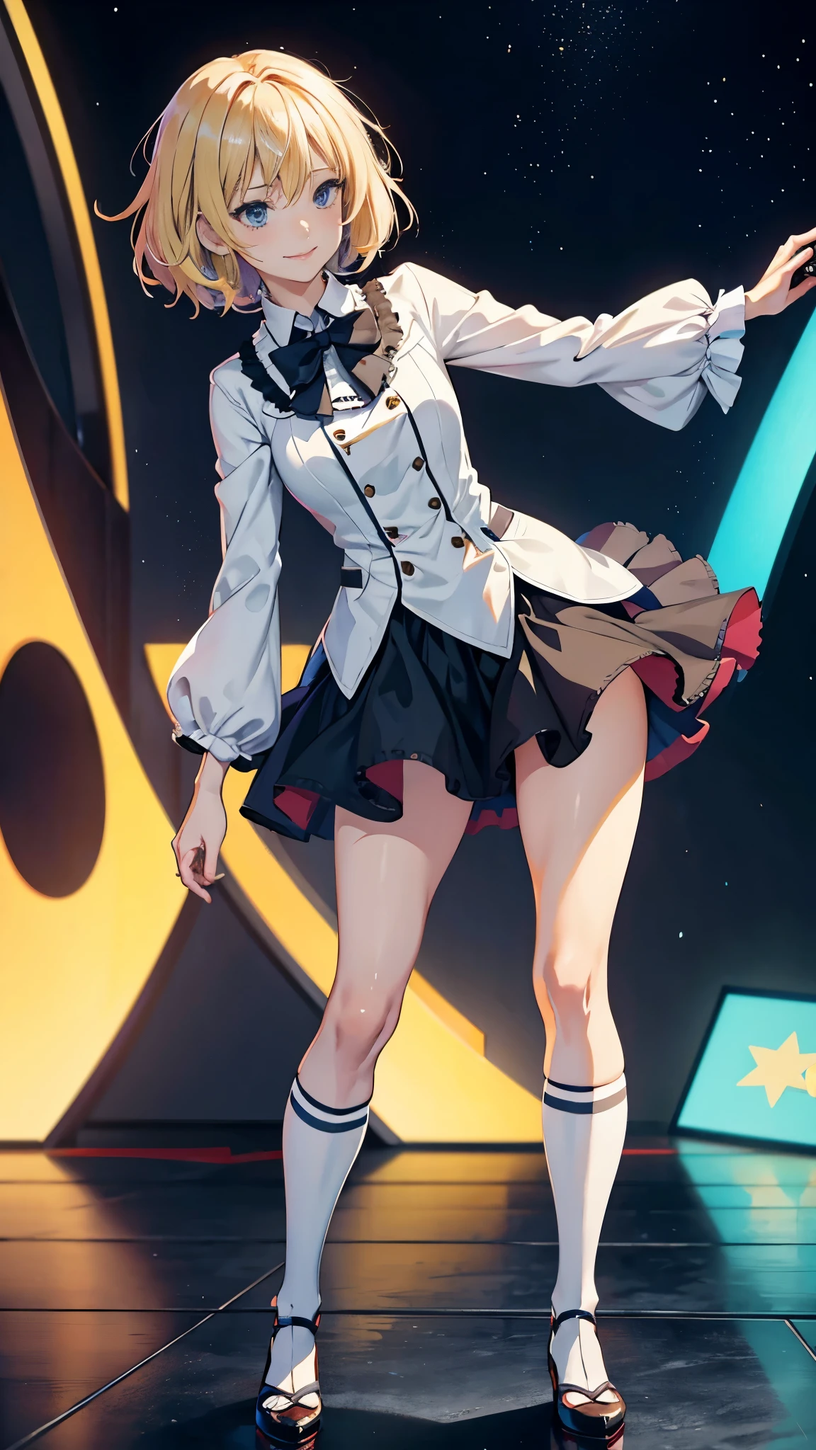 (RAW photo:1.2, photorealistic:1.3), masterpiece:1.4, best quality:1.3, Highest details:1.3, beautiful and aesthetic, extremely detailed CG unity 8k wallpaper,( vibrant colors:1.1), high resolution, see-through white short dress and a bow tie, anime visual of a cute girl, official character art, anime girl, official art, single character full body, anime full body illustration, full body portrait of a short!, female anime character, as an anime character, a-1 pictures, full body with costume, rei hiroe, anime best girl, blond bob hair, on the stage, dynamic pose, dancing, smile, stained panties, pee stained panties, panties