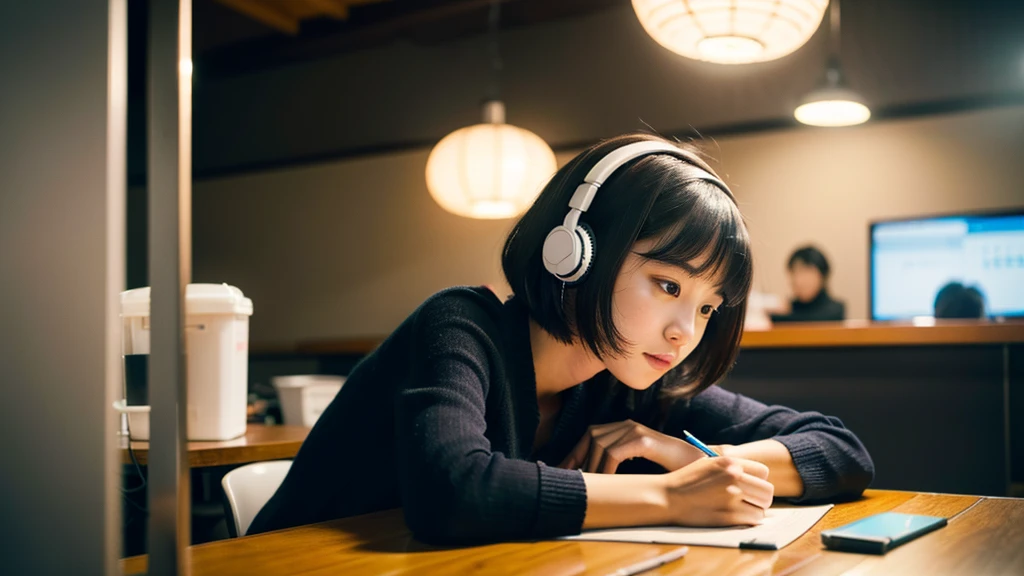 A cute Japanese girl studying or working at her desk、night、Real、focusing、Gentle feeling、wearing headphones、Side view、There&#39;s a kitten nearby、I'm studying hard、cat is watching、窓の外にnightの街、 (8k, Photorealistic, Raw photo, Best image quality: 1.4),  (Black-haired, short hair:1.3), Beautiful hairstyle,  (real skin), Beautiful skins, attractive, Surreal, Attention to detail,