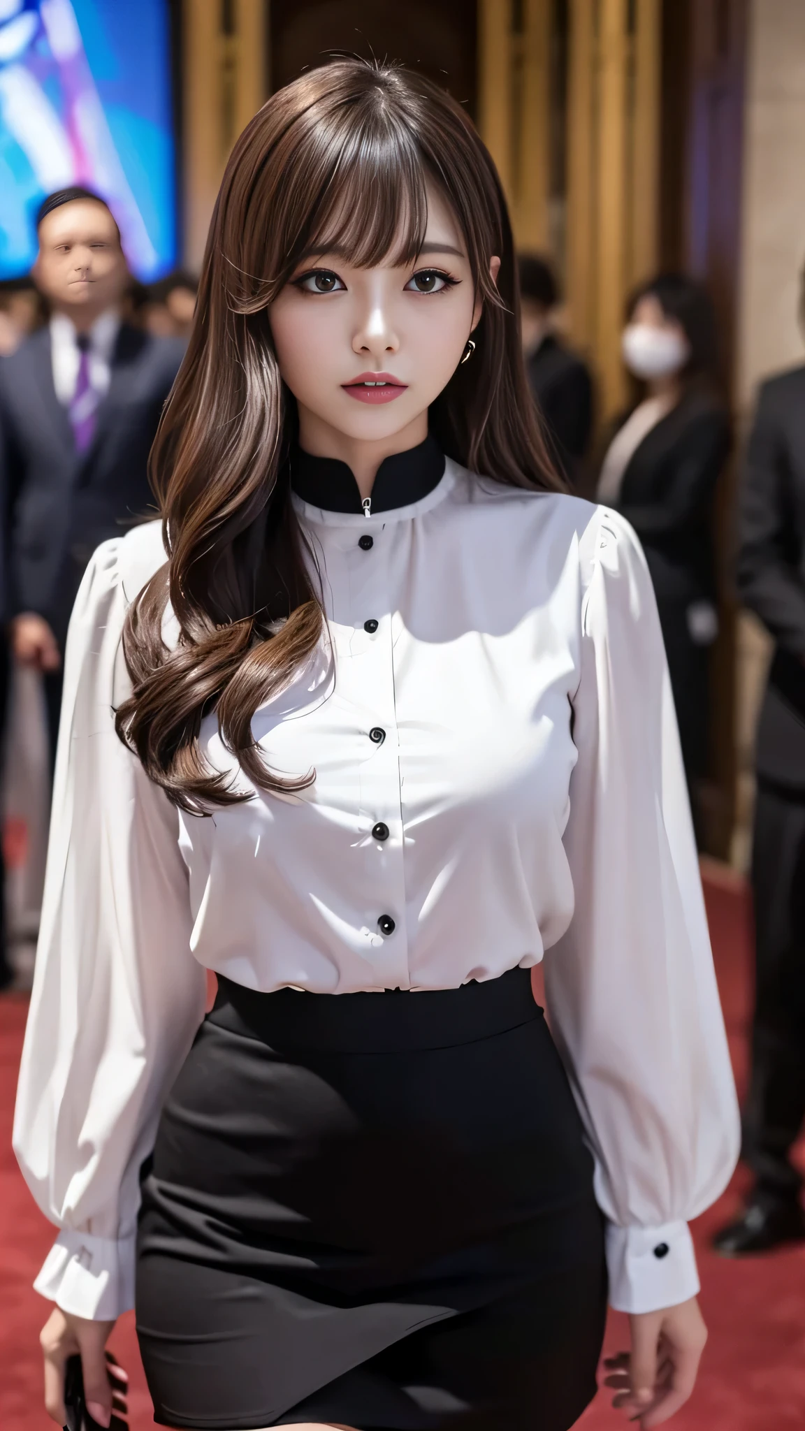 tra-detailed、Japanese、Attractive beauty、seductive adult woman、Pretty Woman、cool girl、brown hair、wavy hair、swept bangs、piercing eyes、hollow eyes、half-closed eyes、Hollow Eyes、Purple Eyeshadow、black lipstick、black lip gloss、dark makeup、smirk、Whisper in my ear、Evil expression、suit、Jacket、White blouse、Tight Skirt、Black Ribbon、pantyhose、Tight Skirt、Evil cadres、Fallen into evil、brainwash、mind control、evil、Church at night、Swear allegiance、Are standing、Seductive Pose