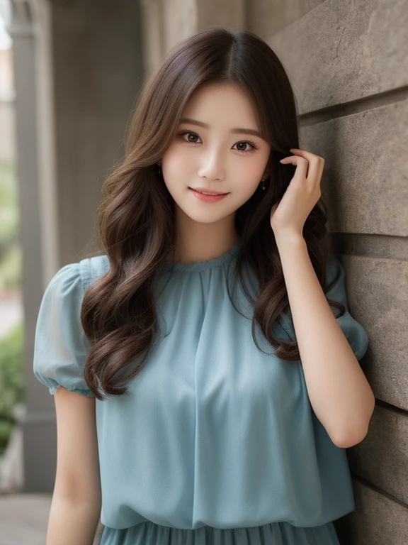 リアルな写真image quality、8kimage quality、Arafe woman in a pale blue dress, romantic dress, Cute and elegant pose, In a dress, Sexy sheer camisole、 Cute and adorable, Light Blue Gray, Japanese female fashion model, Sheer lace mini dress、Cute Smile、Beautiful Eyeedium long brunette hair、Professional Lighting、Detailed and gentle realistic facial expression、22-year-old fashion model、Idol、Hands, feet and beautiful face、looking at the camera