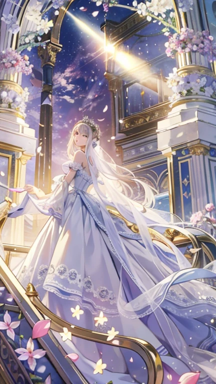 ((highest quality)), ((masterpiece))  wedding princess dress, light, Lens flare, White petals, Long-haired cat, exotic