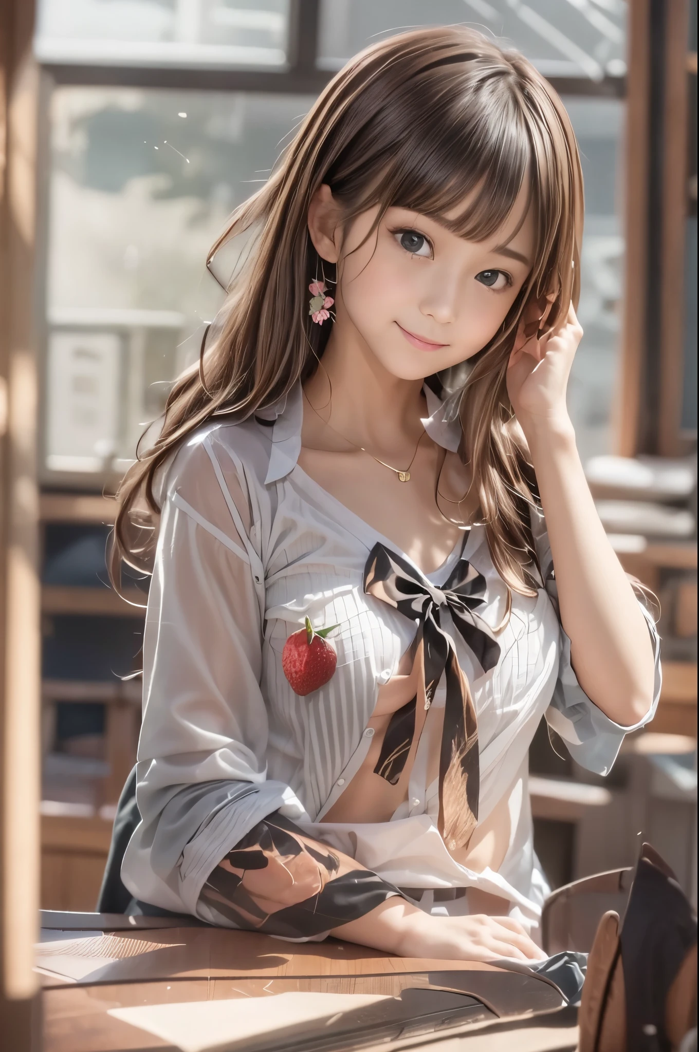 (RAW Photos:1.2), (Realistic), Beautiful detailed girl, Very detailedな目と顔, Narrow and beautiful eyes, Large file size, High resolution, Very detailed, highest quality, [Tabletop:1.6], shape, Very detailed, The finer details, highest quality, 8k wallpaper, Cinema Lighting, 3 Japanese female students, Change clothes in the classroom, A female student takes off her shirt, You can see the strawberry pattern bra,  takes off her skirt, You can see the strawberry pattern pants, One of the female students wasn&#39;t wearing anything.., Strawberry pattern pants only, Young Face, Slender body, Small breasts, Exposed underwear, 学校のChange clothes in the classroom, desks are lined up, blackboard, A spring breeze blows through the open window  