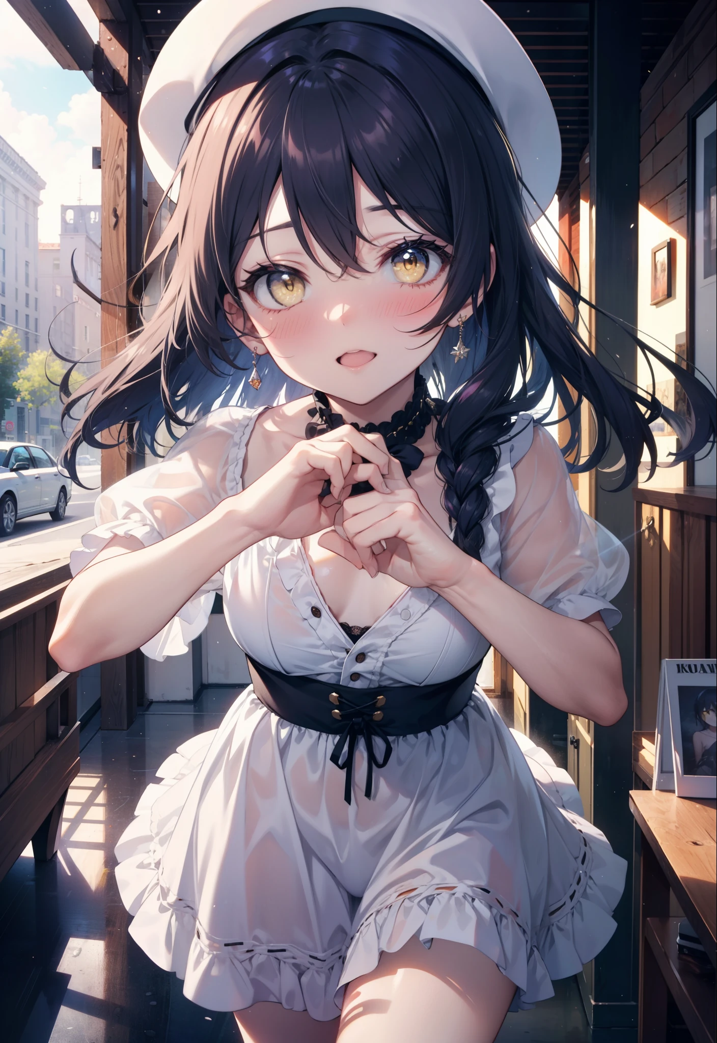 you are so kind, umi sonoda, Long Hair, Blue Hair, (Yellow Eyes:1.5) (Flat Chest:1.2),smile,blush,Open your mouth,short braided hair,Headlock,Blue Hat,Blue long skirt one-piece dress,Cute Sandals,Clear skies,Daytime,Light of the sun,City Street,
break looking at viewer,
break indoors, In town,Building district, 
break (masterpiece:1.2), highest quality, High resolution, unity 8k wallpaper, (figure:0.8), (Beautiful fine details:1.6), Highly detailed face, Perfect lighting, Highly detailed CG, (Perfect hands, Perfect Anatomy),