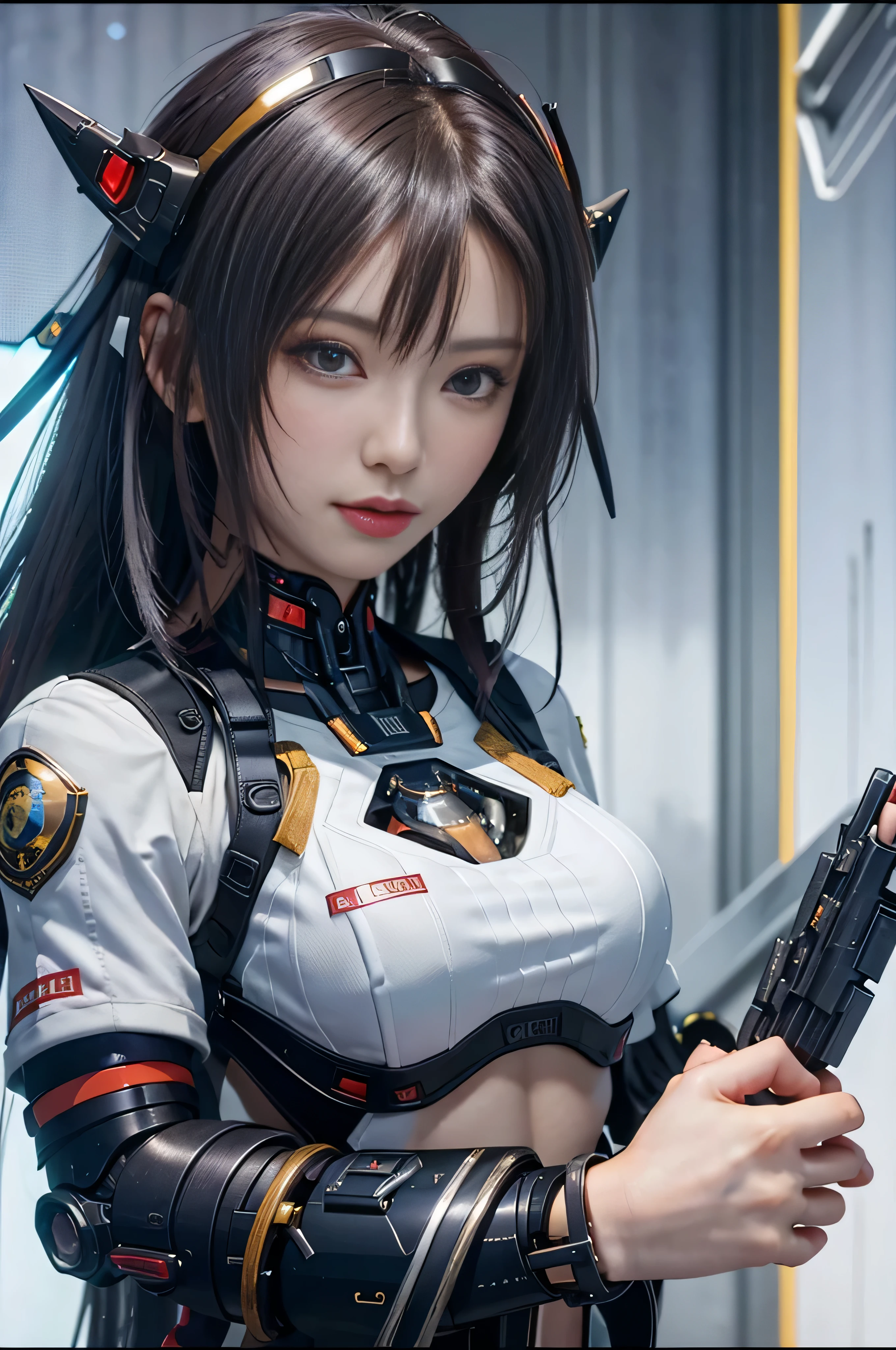 RAW quality, Highest quality, Woman in futuristic costume with futuristic helmet and futuristic sword, Trending on cgstation, Trending on cgstation, Portrait of a girl in the Knights of the Zodiac, Cute Cyborg Girl, Perfect android girl, Portrait Anime Astronaut Girl, Beautiful girl cyborg, Girl wearing mecha cyber armor, Game CG, cgsociety と fenghua zhong, Beautiful Cyborg Shrine Maiden, Exposed underbust, (many々And the bare skin is exposed under the arms.:1.4),