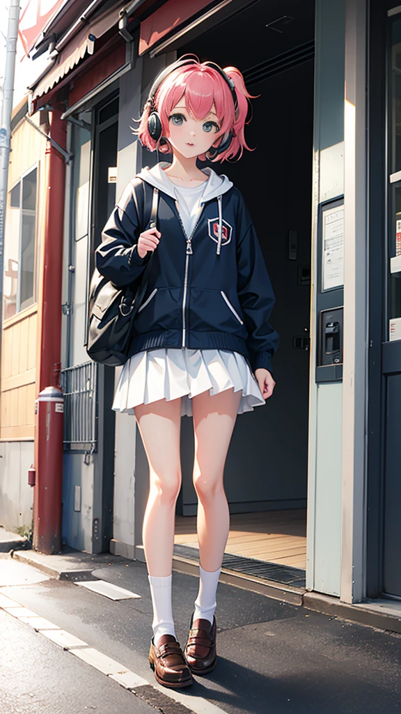 (masterpiece), (highest quality:1.4), (Ultra-high resolution:1.2), Highly detailed background, (unity 8k wallpaper), Cute high school girl wearing headphones walking through the streets of Tokyo。Illustrations inspired by city pop culture、、Wear loose socks for a stylish and nostalgic look、Display one subject without splitting the screen