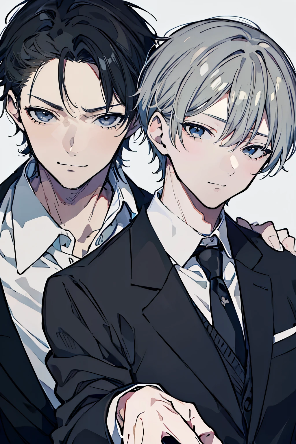(Mastepiece), (Best Quality), Very detailed, ((Two friendly men)), Perfect Face, Beautiful Face, Very detailed顔，(Black-haired man:1.3)，(Grey-haired man:1.3)，suit，shirt
