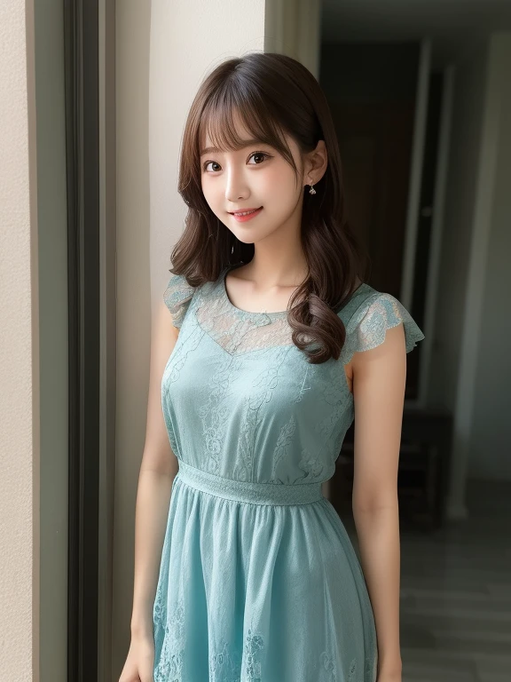 リアルな写真image quality、８ｋimage quality、Arafe woman in a blue dress leaning against a wall, romantic dress, Cute and elegant pose,  In a dress, Cute Dresses, adorable and cute, Feminine girly dress, Sky blue dress,  Cute and adorable, pale, Japanese female fashion model, Sheer light green lace mini dress、Cute Smile、Beautiful Eyeedium long brunette hair、Professional Lighting、Detailed and gentle realistic facial expression、22-year-old fashion model、Idol