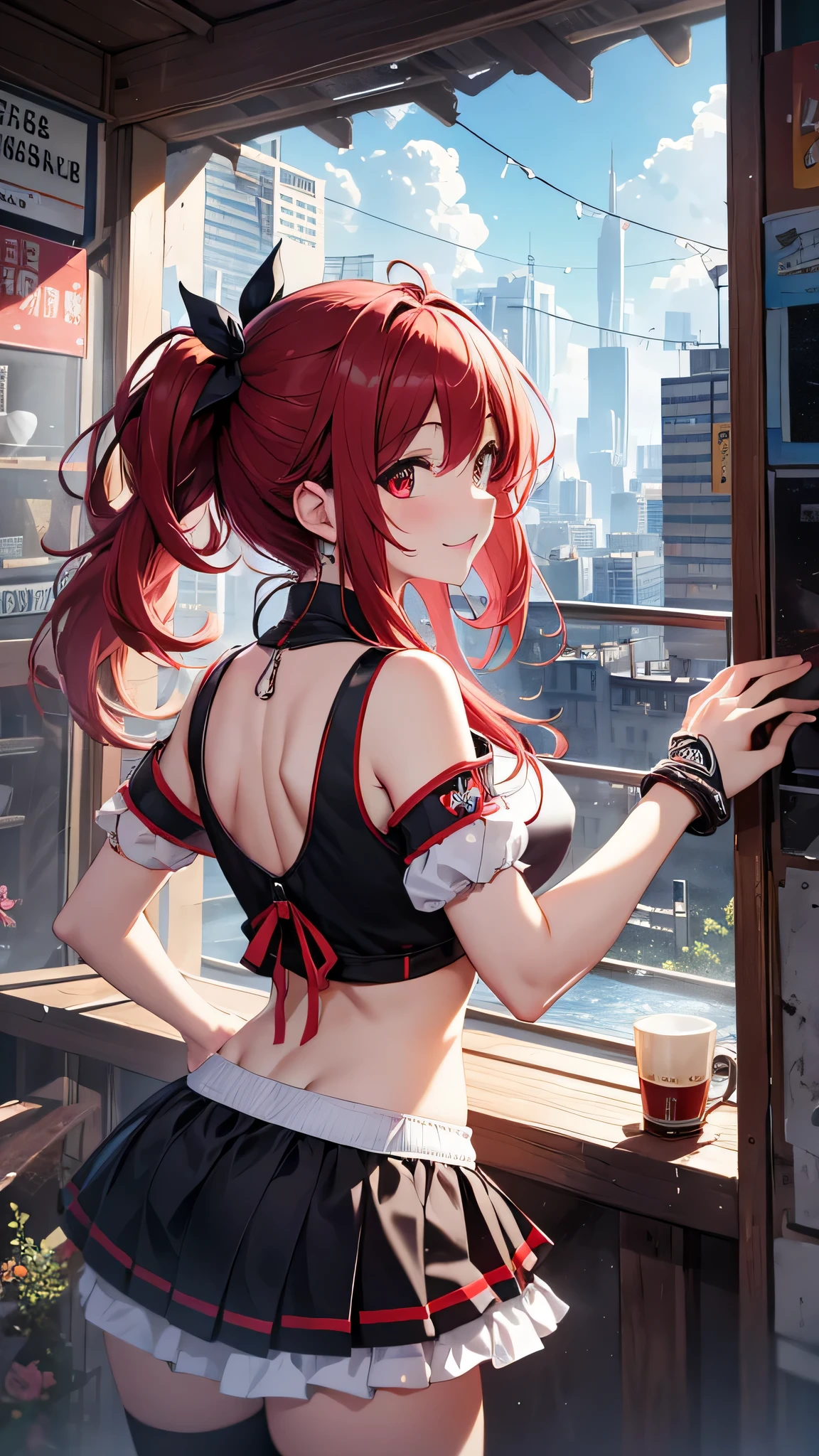 最high quality、Best image quality、masterpiece、girl((20-year-old、 By becoming、Best Bust、Medium Bust,Wide open breast tea、red glowing eyes, Black and red hair、Disheveled Hair、Long Hair、thin,The highest valley、White tank top、Red short skirt、Open chest、White wristband、smile、Leaning forward、hair ornaments、Angle from behind、Lointail、Looking at smartphone、Movement to go up the stage、Sports Cap)),high quality、Beautiful art、background((Black Town、stage))、Flight、Flying debris、Written boundary depth、movie、Visual Arts、Perfect art、8K,Genuine、