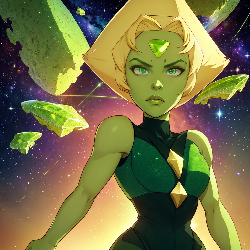 Peridot,green skin,forehead jewel, green eyes,blonde hair,
leotard, yellow shades, 
serious,  
 solo, upper body,    cowboy shot,  standing, 
stars, space,  milky way,
 (insanely detailed, beautiful detailed face,masterpiece, best quality)