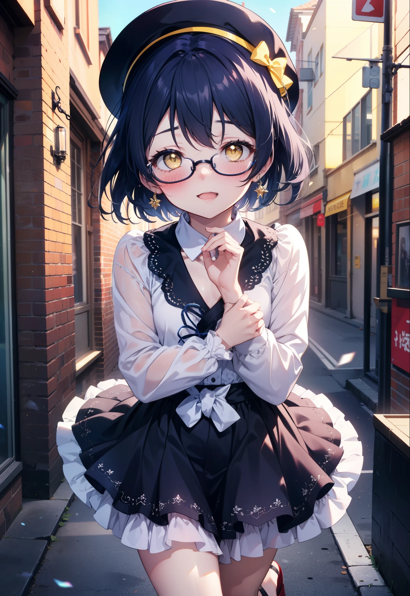 you are so kind, umi sonoda, Long Hair, Blue Hair, (Yellow Eyes:1.5) (Flat Chest:1.2),Black-rimmed glasses,smile,blush,Open your mouth,short braided hair,Headlock,Blue Hat,Blue long skirt one-piece dress,Cute Sandals,Clear skies,Daytime,Light of the sun,City Street,whole bodyがイラストに入るように,
break looking at viewer,whole body,
break indoors, In town,Building district, 
break (masterpiece:1.2), highest quality, High resolution, unity 8k wallpaper, (figure:0.8), (Beautiful fine details:1.6), Highly detailed face, Perfect lighting, Highly detailed CG, (Perfect hands, Perfect Anatomy),