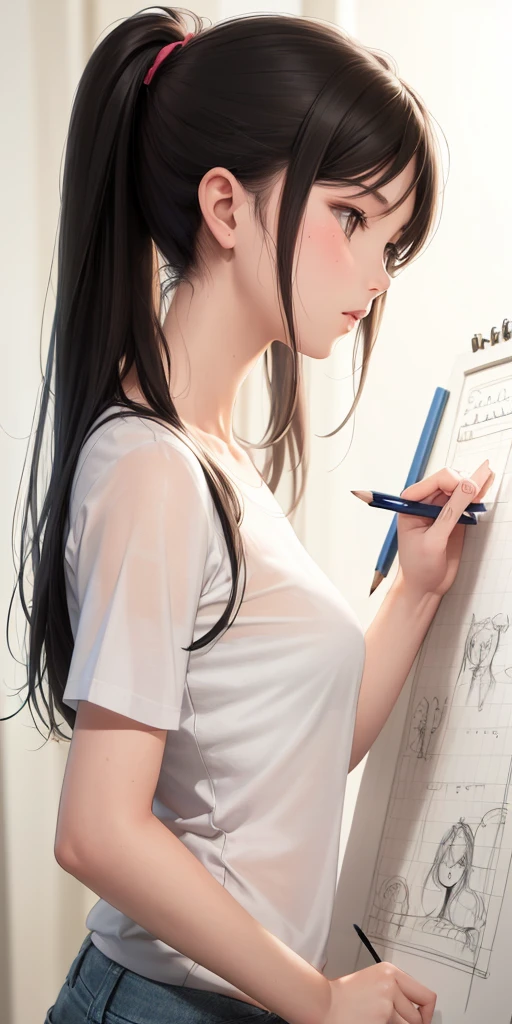 (Pencil drawing, rough sketch, scribbling:1.2),1girl, from side,