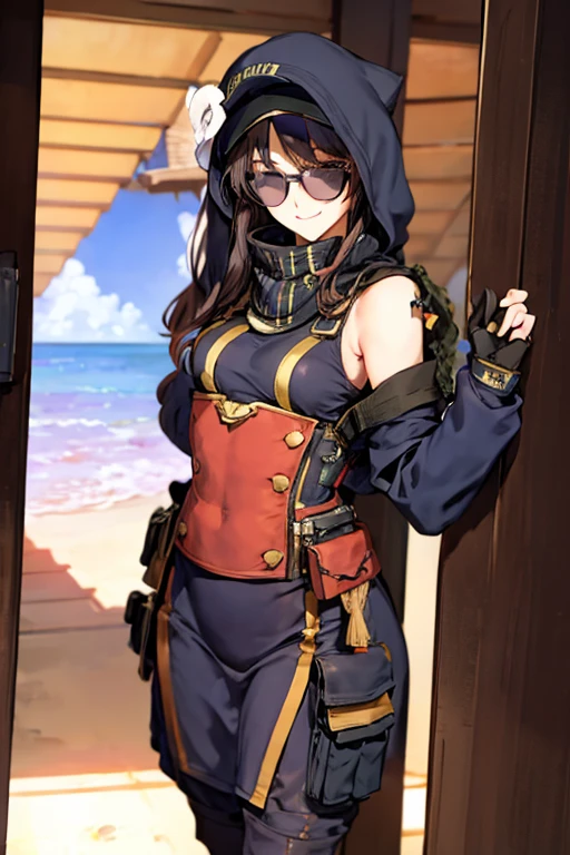 anime girl risque outfit yet cover skin, posing for photoshoot, masterpiece, best quality, high quality, wearing sunglasses near nose, one eye open, smiling
