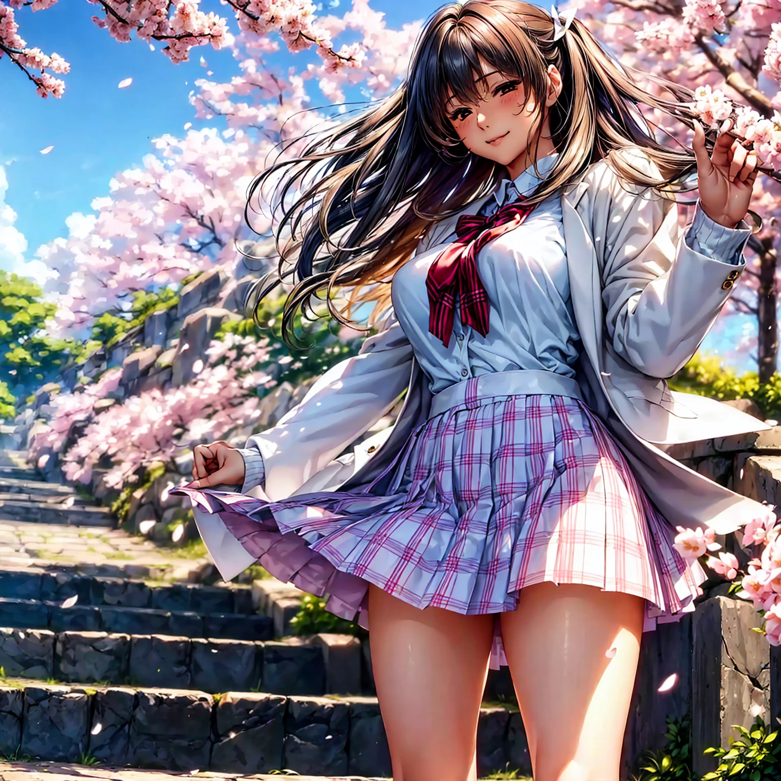 (((highest quality、masterpiece、Very high resolution、High-definition images)))、Beauty Painting、(One strong, beautiful woman:18-year-old、Beautiful body:Slender, beautiful breasts and beautiful legs、Beautiful Face:smile、eyes with strong will,Beautiful Hair)、best skin and hair texture,Realistic skin texture,realistic hair texture、(High School Uniform:White blouse:ribbon:cardigan:blazer:Plaid pleats)、Beautiful cherry blossoms並木:Stone steps、Beautiful cherry blossoms、Beautiful sky、Natural light、Beautiful viewodel pose、Beautiful pose、Model shoot、Gravure photoshoot、(((The wind is blowing))),Accurate Images:1.5、Accurate anatomy:1.5、Flawless images、Perfect image、Overall image、(Best Shot、Raw photo、Photorealistic)1