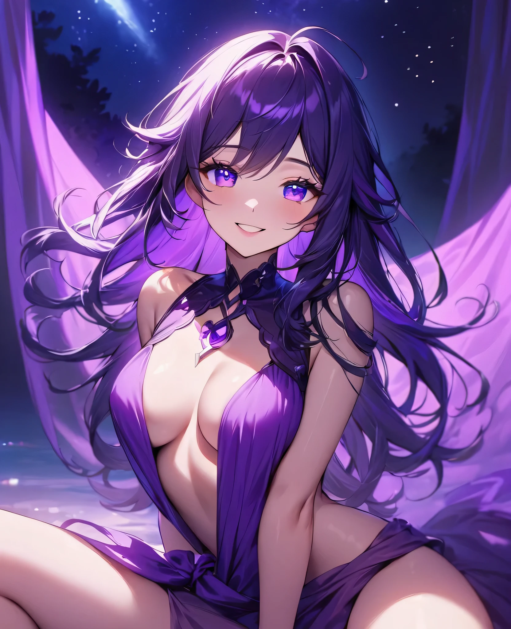 (best quality, masterpiece:1.2),1girl, solo,raidengenshin,beautiful detailed eyes,beautiful detailed lips,extremely detailed eyes and face,long eyelashes,(vivid colors,purple,hues of purple color:saturated),revealing Purple V-neck blouse,exposed chest,loose sarong with green Kuja symbol,slender legs,night stargazing,beautiful smile,happy expression,joyful,charming lady