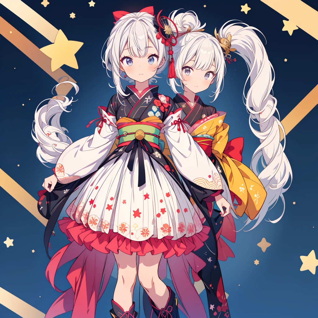 highest quality、8K,handsome face、vtuber-fullbody、A picture of the front straight towards the viewer、Star Fairy、Full body front portrait、front、1girl,highest quality、masterpiece、official art、Super detailed、super beautiful、Cute Star Fairy、white hair straight ショート、Milky Way、universe、star charm、star、baby face、Knee-high boots、Japanese pattern dress、A beautiful girl wearing black and white clothes that are a remake of a yukata.、Oiran frill dress reminiscent of universe、Colorful portraits