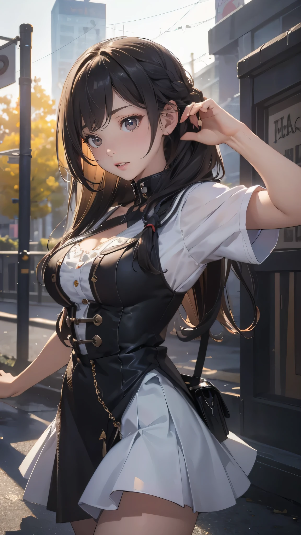 （the maid outfit：1.3），（Cover chest：1.3），jewely，looking at viewert，hair adornments，choker necklace，is shy，ssmile，
（tmasterpiece，top-quality，best qualityer，offcial art，Beauty and aesthetics：1.2），（1个Giant Breast Girl），extremedetailed，rich colourful，highest details，
城市，the street， tilt， muri， suns， Clouds，